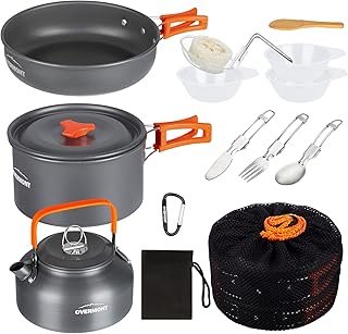 OVERMONT Camping Cookware Set, Outdoor Crockery Set, Cooking Pot Set, BBQ Tableware, Picnic Pot with Coffee Pot, Teapot, Aluminium