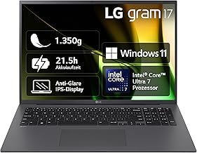 LG gram 17 Inch Notebook - 1350 g Intel Core Ultra7 Laptop (32GB RAM, 2TB Dual SSD, 21.5h Battery Life, IPS Panel Anti-Glare Display, Win 11 Home, 2024) - Grey