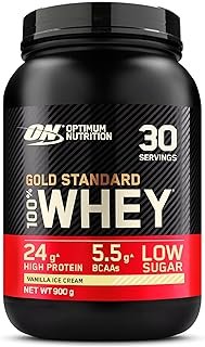 Optimum Nutrition Gold Standard Whey Protein Powder Muscle Building Supplements With Glutamine and Amino Acids, Vanilla Ice Cream, 30 Servings, 900g, packaging may vary