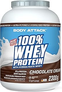 Body Attack 100% Whey Protein, Chocolate, 2.3 kg, Made in Germany, Extra Creamy Protein Powder with Hydrolysate and BCAAs, Supports Muscle Building and Dieting, for All Sportspersons & Athletes