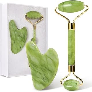 GUGUG Gua Sha Stone and Face Jade Roller Set for Facial Massage - Reduces Eye Puffiness and Skincare Routine Green