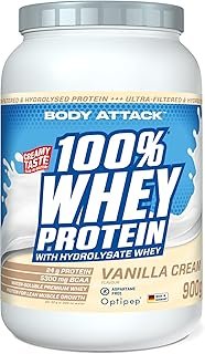 Body Attack 100% Whey Protein, Vanilla, 900 g, Made in Germany, Extra Creamy Protein Powder with Hydrolysate and BCAAs, Supports Muscle Building and Dieting, for All Sportspersons & Athletes