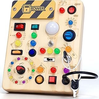 Montessori Toy Busy Board from 1 Year, Wooden Activity Board, Motor Skills Toy with 13 Switches, 24 LED Lights, Educational Toy for Children 1-3 Years, Baby Toy & Gift for Boys & Girls