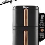 Ninja Double Stack XL Hot Air Fryer, 2 Vertical Drawers, 4 Cooking Levels, 2 Slots, Space Saving Design, 9.5L Capacity, 6 Functions, 8 Servings, Tongs, Black/Copper SL400EUCP
