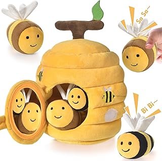VORENUS Baby Toy 6-12 Months, 6-in-1 Baby Beehive with 5 Bees Montessori Sensory Toy with Barn, Rattle, Mirror, Children's Educational Games and Motor Skills Toy Gifts for Children 1 2 3 Years