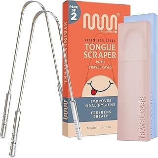 MasterMedi Tongue Scraper with Case (Pack of 2), 100% Stainless Steel Tongue Scraper for Bad Breath - Easy to Use Tongue Scraper for Adults, Tongue Cleaner for Oral Care & Hygiene