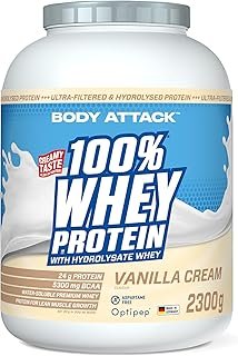 Body Attack 100% Whey Protein, Vanilla, 2.3 kg, Made in Germany, Extra Creamy Protein Powder with Hydrolysate and BCAAs, Supports Muscle Building and Dieting, for All Sportspersons & Athletes