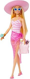 Barbie - HPL73 Blonde Doll with Pink and White Swimsuit, Sun Hat, Carry Bag and Beach Accessories, for Ages 3+