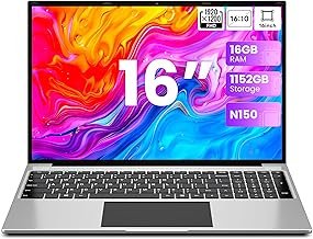 jumper Laptop 16 Inch IPS 1920 x 1200, Intel N150 (3.6 GHz), 16GB RAM 1TB SSD + 128GB eMMC Notebook, 2 Stereo Speakers, USB 3.0/Mini HDMI/38Wh Battery (Grey)