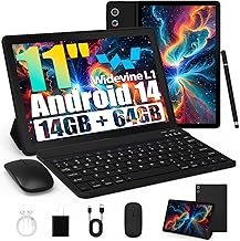 Tablet, Android Tablet 11 Inch with 14GB RAM + 64GB ROM (1TB TF), Octa-Core, Widevine L1, WiFi 6 & BT 5.3, 6800mAh Battery, Dual Camera - Tablet with Keyboard, Mouse, Pen & Case