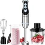 FRESKO 4-in-1 Stainless Steel Hand Blender, 1000 W Purée Stick with 12 Speeds and Turbo Modes, Includes Whisk, 500 ml Food Chopper and 700 ml Measuring Cup, for Baby Food, Soup, Smoothies