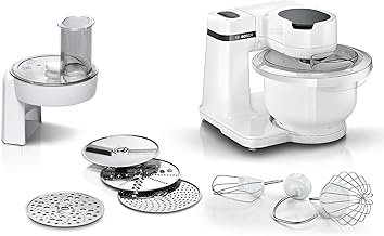 Bosch MUMS2AW01 Series 2 Small Food Processor, 3.8 L Plastic Bowl, Continuous Shredder, 4 Slices, 4 Levels, Dough Hook/Whisk/Whisk, Dishwasher Safe, 700 W, White