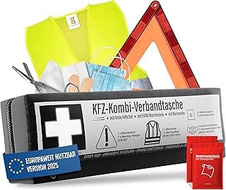Car Combination Bag (3 in 1) According to Current Standard 2025 - Includes Warning Triangle, Warning Vest - First Aid Kit Warning Triangle Set First Aid Kit Car DIN 13164:2022 (German Road Traffic
