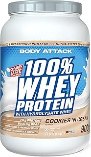 Body Attack 100% Whey Protein, Cookies N Cream, 900 g, Made in Germany, Extra Creamy Protein Powder with Hydrolysate and BCAAs, Supports Muscle Building and Dieting, for all Sportspersons & Athletes