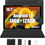 Android 14 Tablets 10 Inch Tablet PC, 14 (4+10) GB RAM + 128GB ROM (1TB TF), Octa Core 2.0 GHz/1280 x 800 HD IPS/WiFi 6/BT 5.3/5000mAh/5MP + 8MP/OTG/Type C Headphone Jack, Tablet with Keyboard