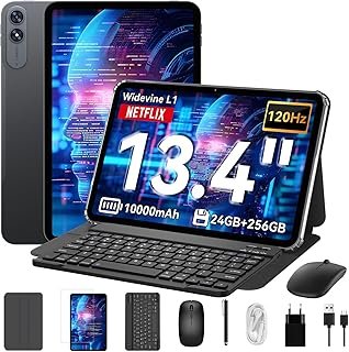 Tablet 13.4 Inch Android 15 with Keyboard, T60Pro 120Hz FHD Display, 24GB RAM + 256GB ROM, 10000mA, WideVine L1/16MP + 8MP AI Camera/Face ID/GPS,Octa-Core Gaming Tablets with Pen, Mouse, Case