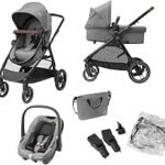 Maxi-Cosi Zelia S Trio 3-in-1 Complete Set, 0–4 Years, up to 22 kg, Foldable, Compact, Adjustable Baby Pram, with CabrioFix S i-Size Baby Seat, Accessories, Changing Bag, Grey