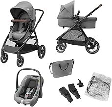Maxi-Cosi Zelia S Trio 3-in-1 Complete Set, 0–4 Years, up to 22 kg, Foldable, Compact, Adjustable Baby Pram, with CabrioFix S i-Size Baby Seat, Accessories, Changing Bag, Grey